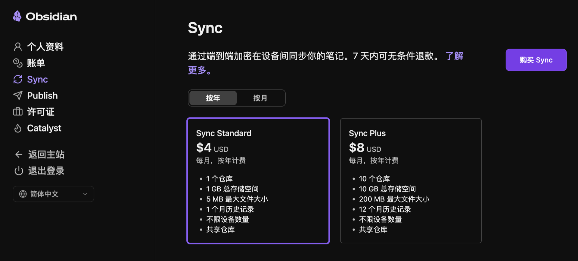 Obsidian Sync 价格